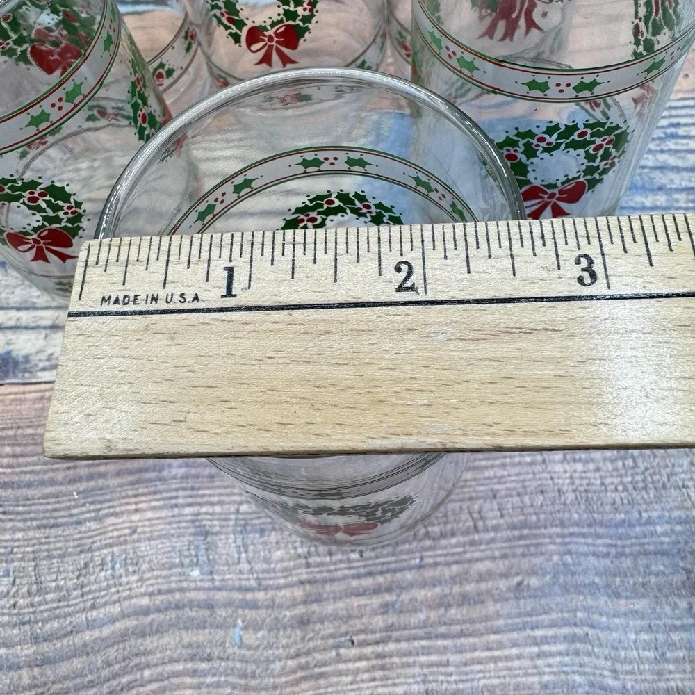 6 Indiana Glass Victorian Christmas Tumblers Glasses Holly Wreaths Set MCM Vtg